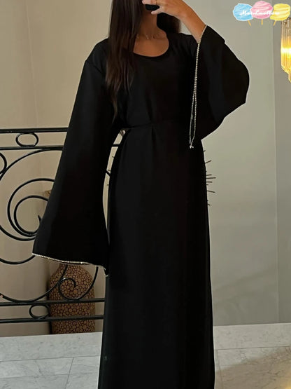 Eid Ramadan Party Dress for Women Muslim Abaya Diamond Flare Sleeve Long Dress Belt Morocco Kaftan Vestidos Dubai Robe