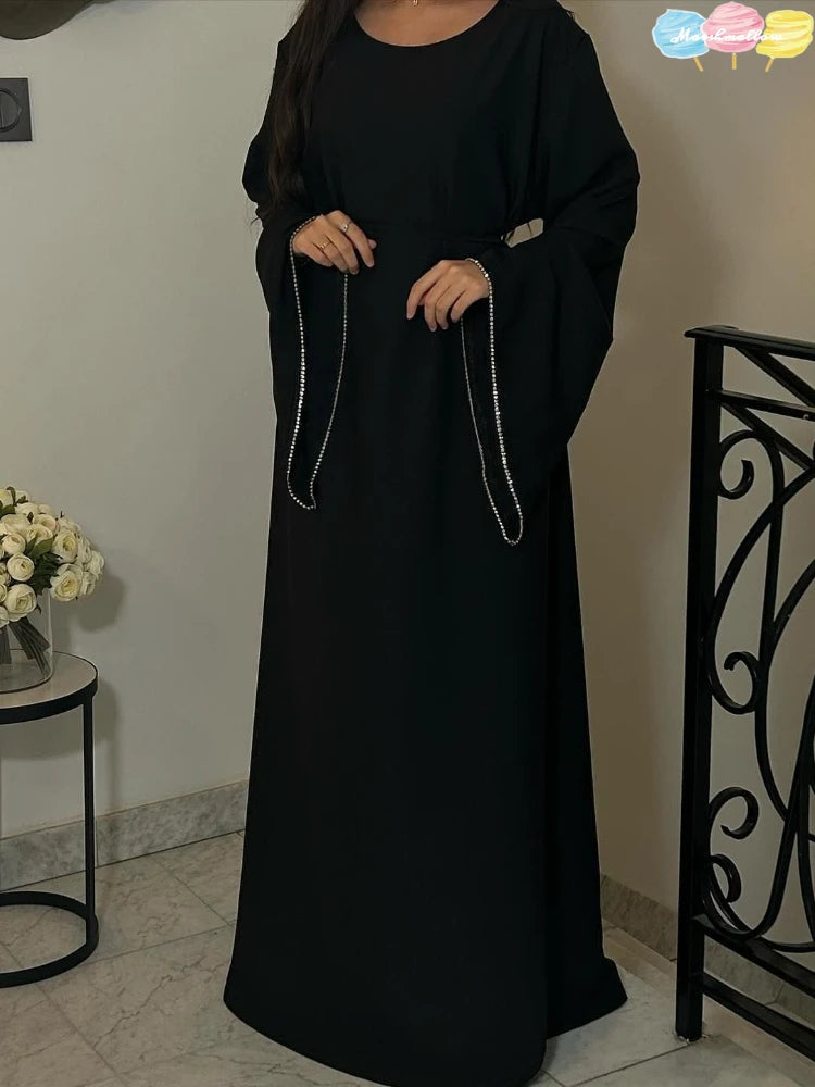 Eid Ramadan Party Dress for Women Muslim Abaya Diamond Flare Sleeve Long Dress Belt Morocco Kaftan Vestidos Dubai Robe