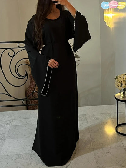 Eid Ramadan Party Dress for Women Muslim Abaya Diamond Flare Sleeve Long Dress Belt Morocco Kaftan Vestidos Dubai Robe