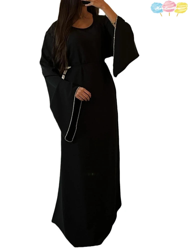 Eid Ramadan Party Dress for Women Muslim Abaya Diamond Flare Sleeve Long Dress Belt Morocco Kaftan Vestidos Dubai Robe